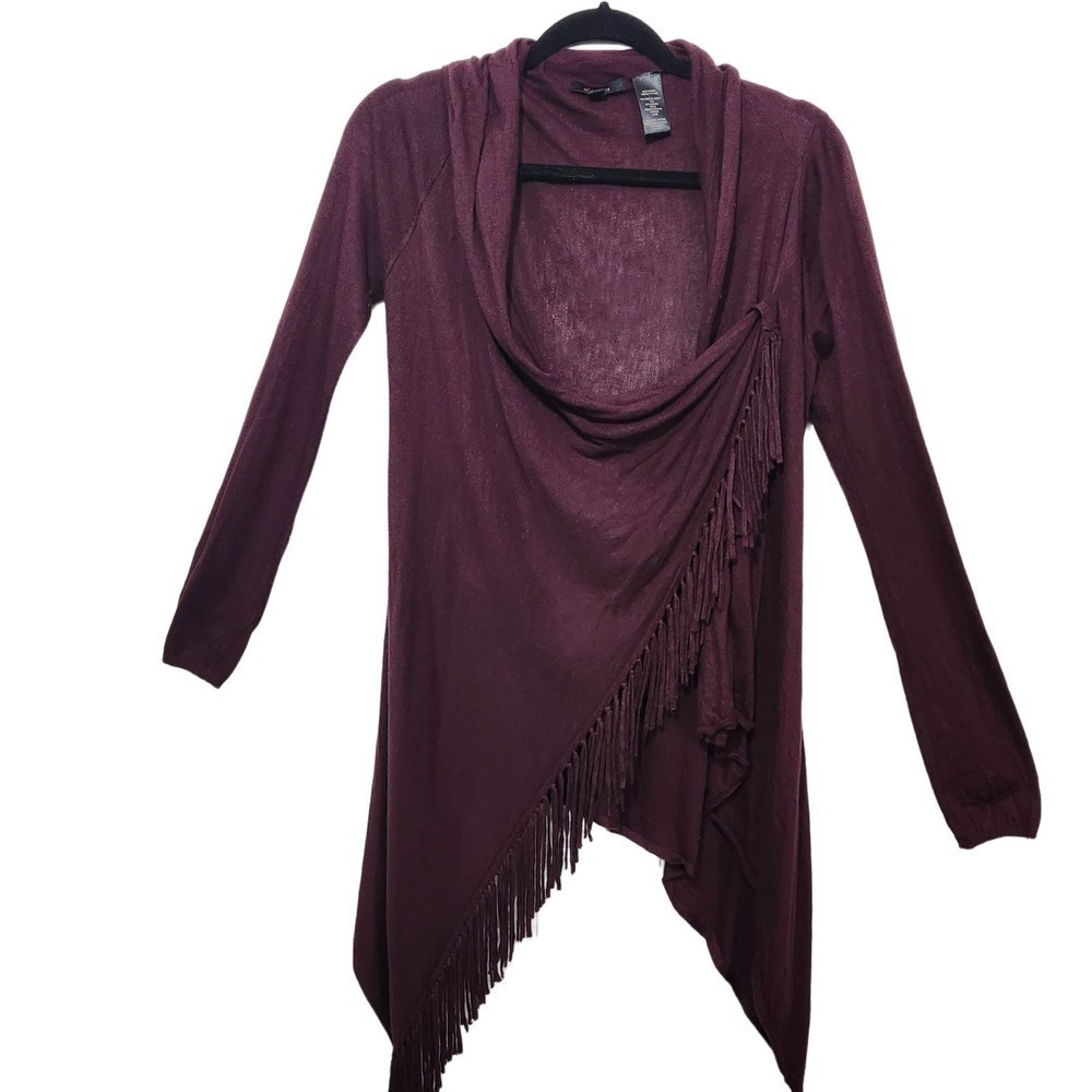 Ella Moss‎ Fringe Waterfall Top Cardigan Poncho Burgundy Wrap Women's Size Large